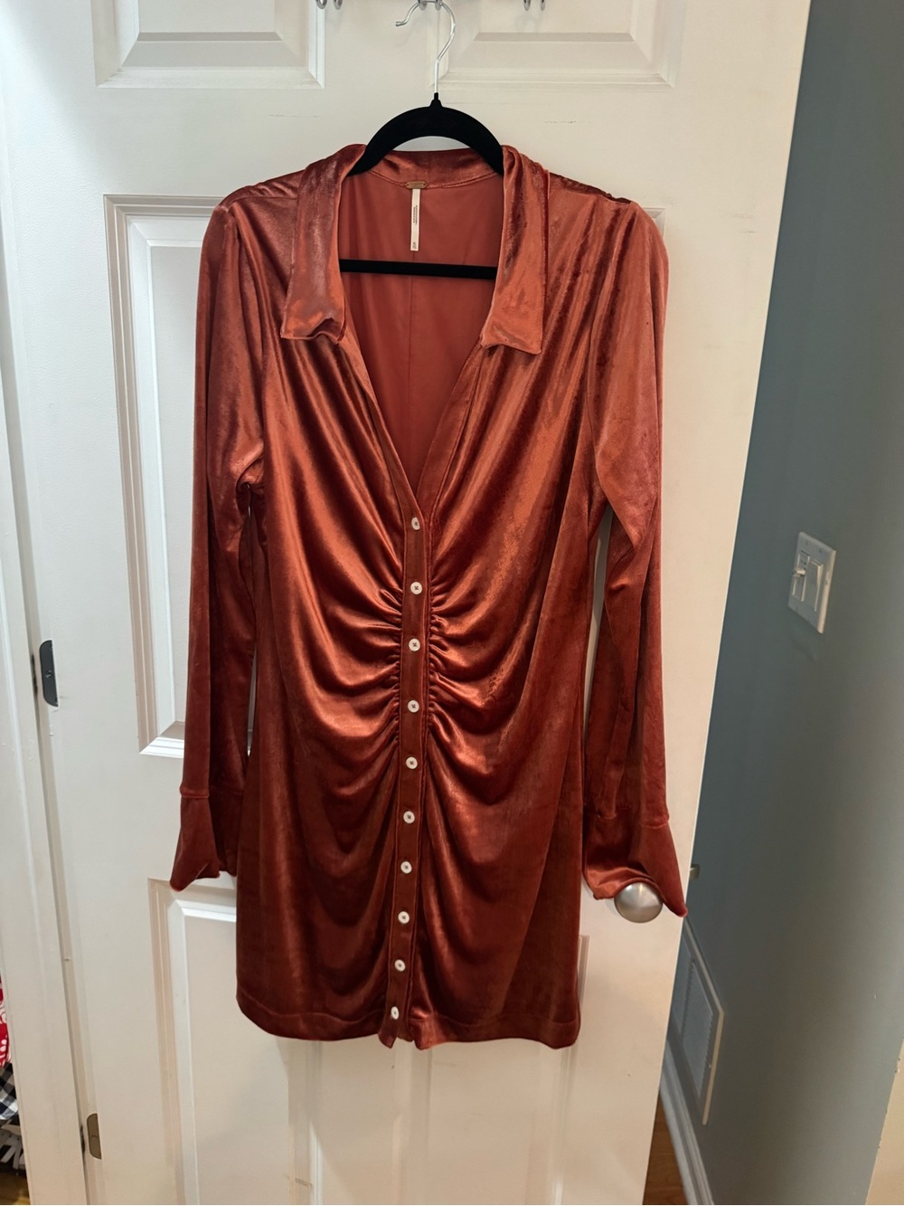 Free People Rust Velvet Ruched Button-Front Mini Dress - Picture 3 of 5